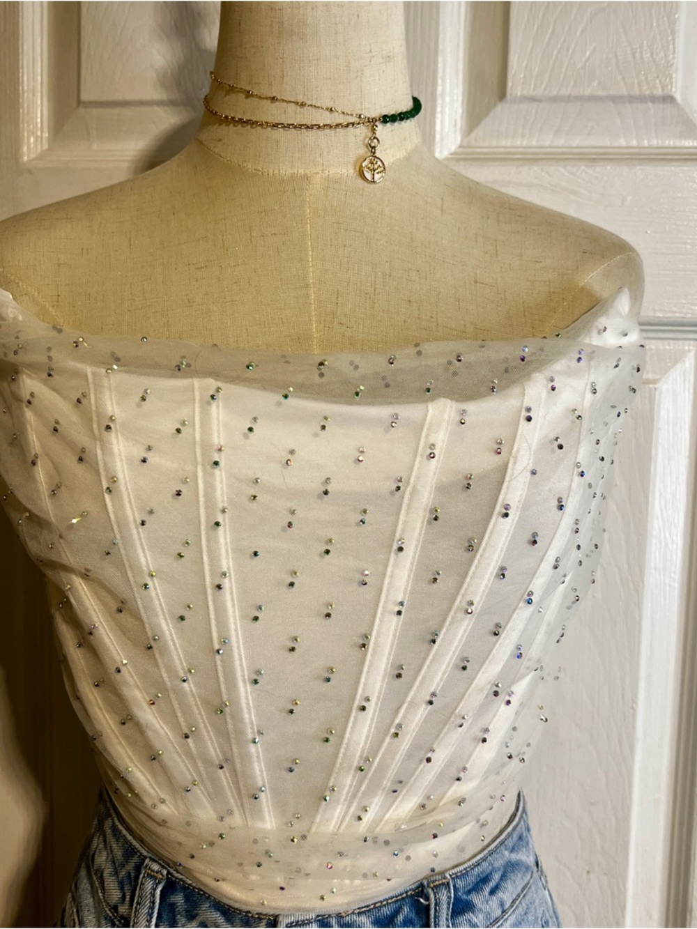 New Fashion Nova Draped‎ In Rhinestones Corset Crop Bling Glam Festival Top M - Picture 5 of 11